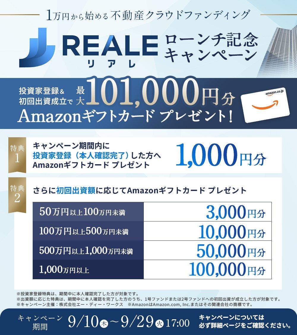 REALEローンチ記念キャンペーン：本人確認完了で1,000円分、出資額に応じて最大100,000円分のAmazonギフトカード。期間9/10〜9/29 17:00