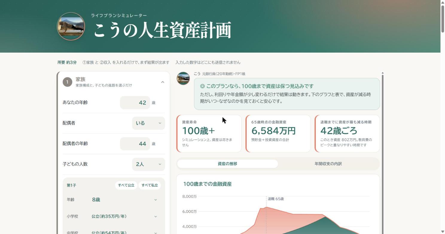 こうの人生資産計画の画面