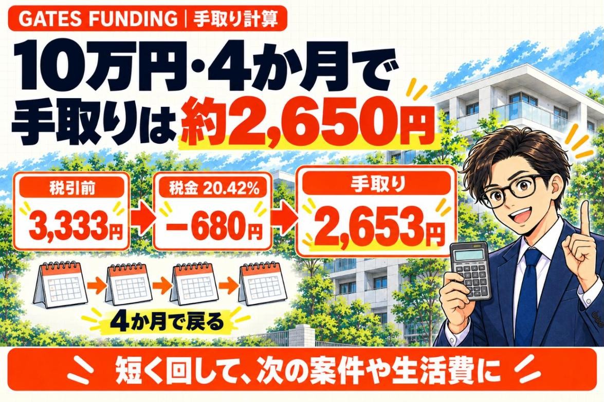 10万円を年10%で4か月なら、税引前3,333円から税金20.42%の680円を引いて、手取りは約2,650円