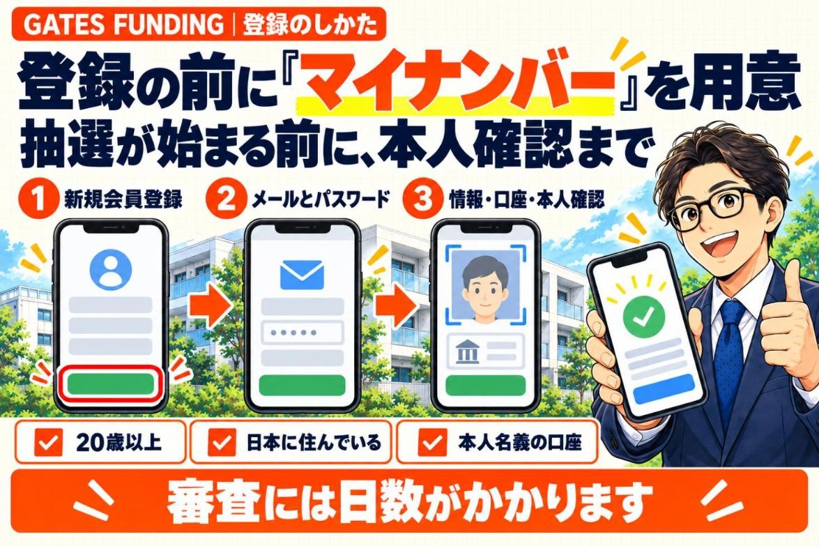 GATES FUNDINGの登録のしかた。登録の前にマイナンバーを用意し、新規会員登録・メールとパスワード・情報と口座と本人確認の3つで進める。20歳以上・日本に住んでいる・本人名義の口座が条件。審査には日数がかかる