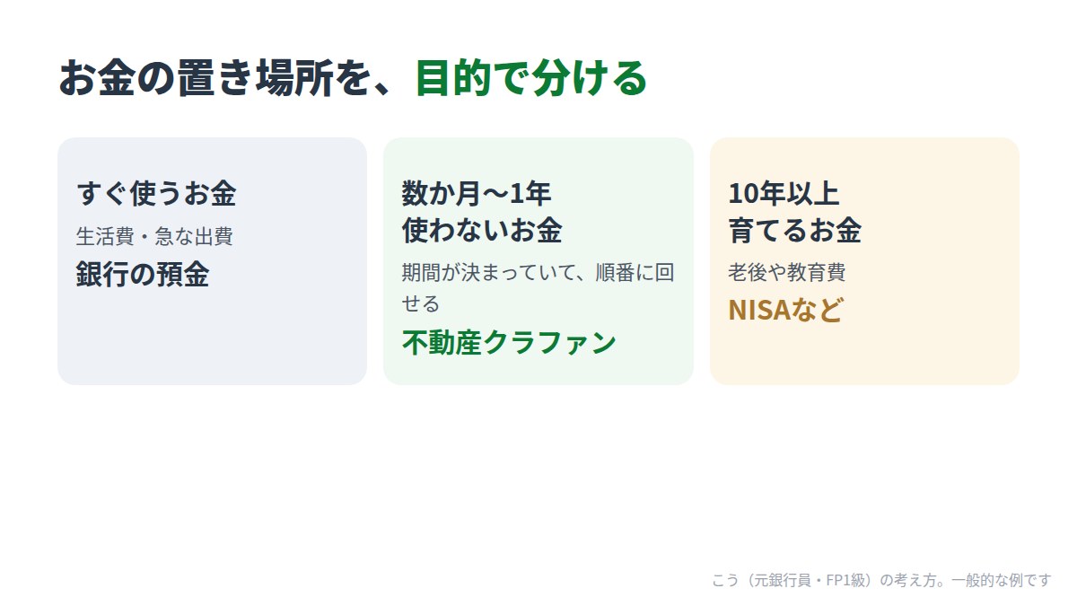 すぐ使うお金は銀行の預金、数か月〜1年使わないお金は不動産クラファン、10年以上育てるお金はNISAなど