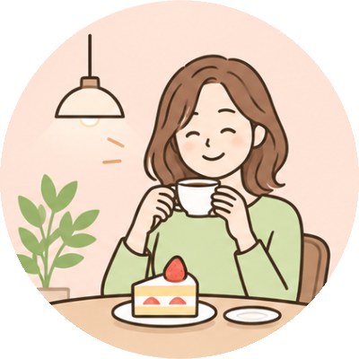 カフェでケーキとコーヒーを楽しむ女性のイラスト