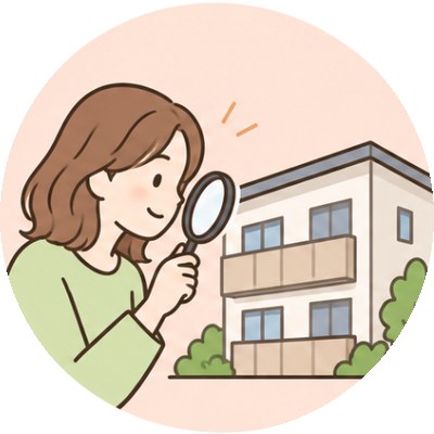 虫めがねでアパートを見る女性のイラスト