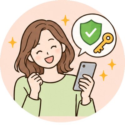 盾と鍵のマークのスマホを持って安心する女性のイラスト
