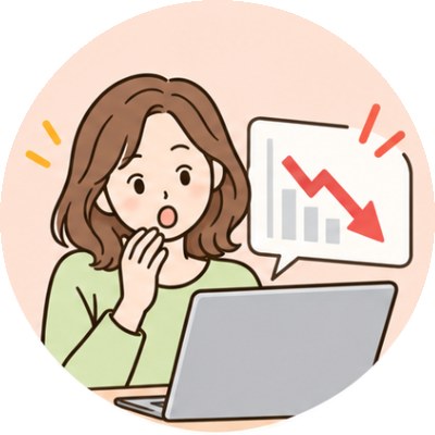 下がるグラフを見て驚く女性のイラスト