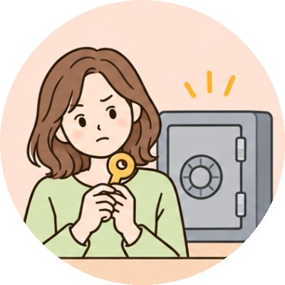 金庫と鍵を前に鍵を大事に持つ女性のイラスト