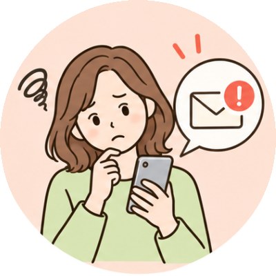 あやしいメールを見て眉をひそめる女性のイラスト
