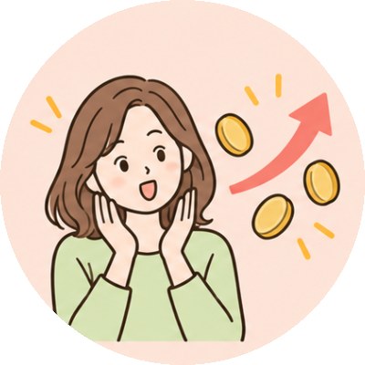 上向きの矢印とコインを見て驚く女性のイラスト