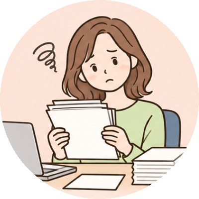 配られた書類を持って困る女性のイラスト
