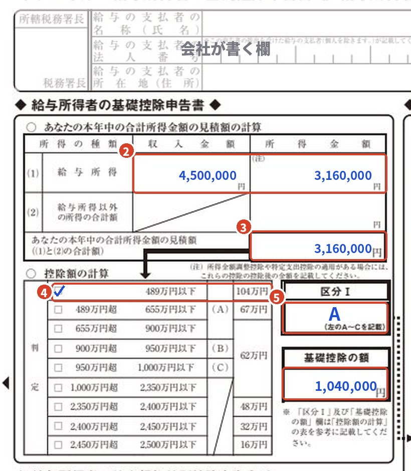 基礎控除申告書の左半分の記入例